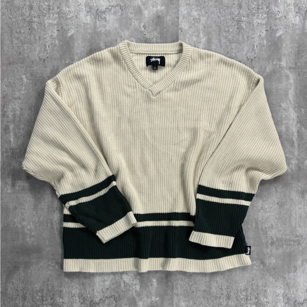 Stussy Cream and Green V-Neck Sweater